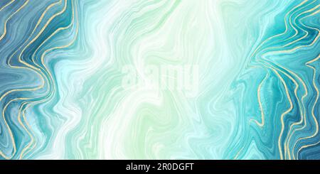 Stilvolles, geschwungenes Banner mit Papierstruktur, blau-grünes Marmormuster mit goldfarbenem Hintergrund Stockfoto