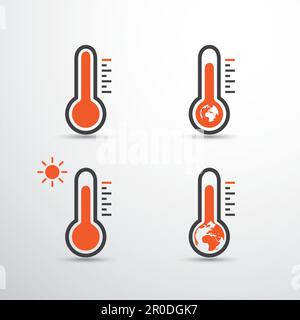 Globale Erwärmung, ökologische Probleme und Lösungen – Konzeptsymbolsatz Design mit roten heißen Thermometern Stock Vektor