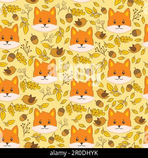 Vektormuster mit Fuchs, Blättern, Eicheln, Vektor Herbsttapete. Stock Vektor