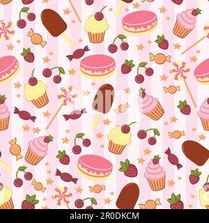 Vektorhintergrund mit Cupcakes, Süßigkeiten und Beeren. Stock Vektor