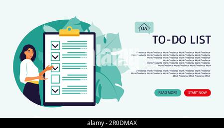Checkliste, To-Do-Liste. Landing Page. Liste oder Notizblock Konzept. Geschäftsidee, Planung oder Kaffeepause. Vektorgrafik. Flacher Style. Stock Vektor