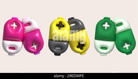 3D Abbildung. Batterie mit Plus- und Minusklemmen. Ikone, minimalistischer Style. Stockfoto