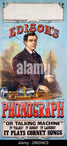 Plakat mit Thomas Edisons Phonograph. c. 1878. Thomas Alvar Edison (1847-1931), war ein amerikanischer Erfinder und Geschäftsmann, Stockfoto