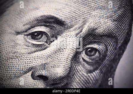 Benjamin Franklin Gesicht auf die US $100 Dollar-Schein. Zusätzliche Nahaufnahme Stockfoto