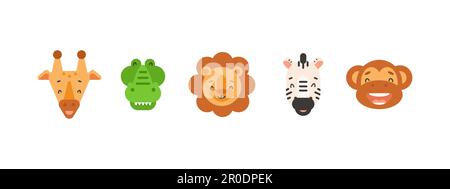 African animals head. Vector cartoon illustration. Isolated on white. Stock Vektor