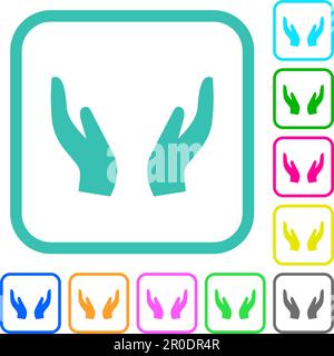 Leere schützende Hände leuchtende, farbige, flache Symbole in gekrümmten Rändern auf weißem Hintergrund Stock Vektor