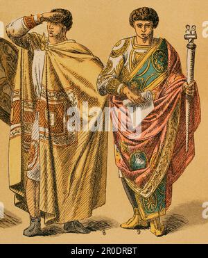 Römisches Zeitalter. Von links nach rechts: 8 - hochrangiges byzantinisches Kostüm, 9 - Kaiserkostüm seit Domitian. Chromolithographie. "Historia Universal" von César Cantú. Band II, 1881. Stockfoto