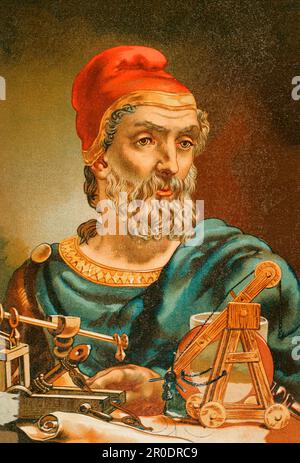 Archimedes (287 v. Chr. - 212 v. Chr.). Antiker griechischer Mathematiker und Erfinder. Porträt. Chromolithographie. "Historia Universal" von César Cantú. Band III, 1882. Stockfoto