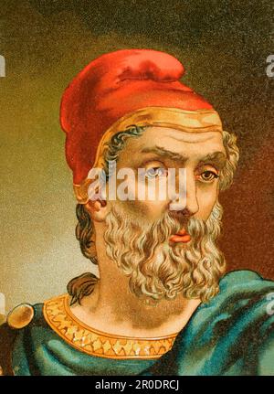 Archimedes (287 v. Chr. - 212 v. Chr.). Antiker griechischer Mathematiker und Erfinder. Porträt. Chromolithographie. Detail. "Historia Universal" von César Cantú. Band III, 1882. Stockfoto