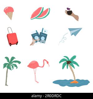 Eine Reihe von Sommersymbolen reisen und ruhen sich am Meer aus Stock Vektor