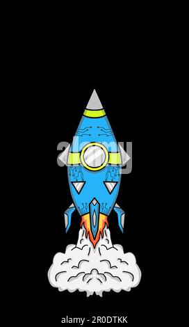 Eine Abbildung einer Rakete, die vor schwarzem Hintergrund von einer Startrampe abhebt Stockfoto