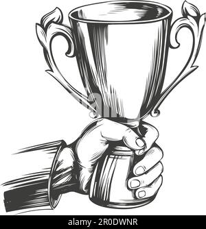 Auszeichnung, starke Hand hält eine Pokal Trophäe Hand gezeichnet Vektorzeichnung realistische Skizze. Stock Vektor