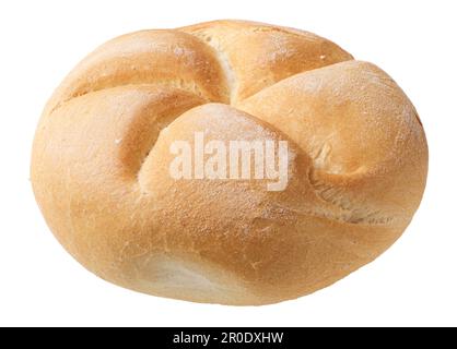 Hausgemachtes rundes Weizenbrötchen, isoliert auf weißem Hintergrund Stockfoto