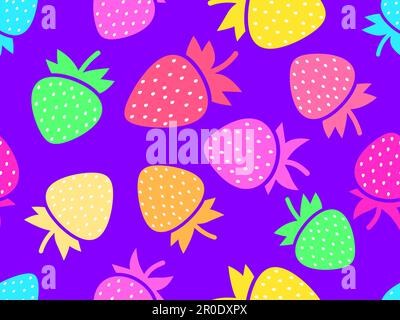 Farbenfrohes, nahtloses Muster für Erdbeeren. Mehrfarbige Erdbeeren mit Samen. Süße Erdbeeren mit Trinkgeld. Design für Poster, Geschenkpapier und Wal Stock Vektor