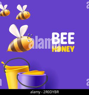 3D Darstellung von Bienen, die mit Eimern mit Honig fliegen, mit Bannervorlage Stock Vektor