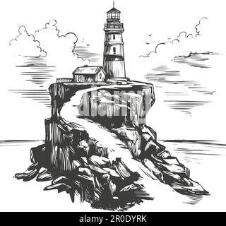Leuchtturm und das Meer Landschaft Hand gezeichnet Vektor-illustration realistische Skizze Stock Vektor