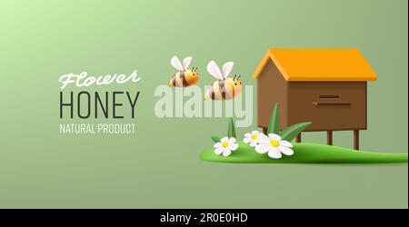 Bienenstock mit fliegenden Bienen und Gras mit Blumen 3D-Vektordarstellung Stock Vektor