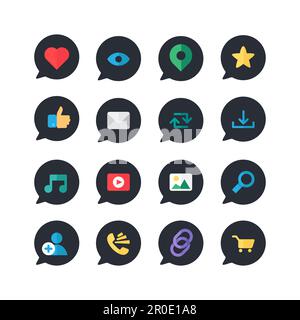 Web-Symbole für Blogs und soziale Netzwerke, Online-Shopping und E-Mail, Videodateien, Bilder und Fotos. Elemente für die Anzahl von Views, Likes und Reposts. Stock Vektor