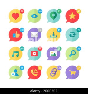 Web-Symbole für Blogs und soziale Netzwerke, Online-Shopping und E-Mail, Videodateien, Bilder und Fotos. Elemente für die Anzahl von Views, Likes und Reposts. Stock Vektor