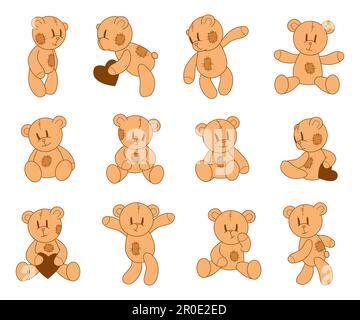 Süße Teddybären. Zartes Cartoon-Bärchen-Spielzeug mit Mustern in verschiedenen Posen. Kawaii-Maulkorb. Plüschfreund. Liebesgeschichte Geburtstag Einladung Party Baby Born Kartendesign. Vektordarstellung. Stock Vektor