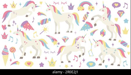 Süßes Einhorn-Set. Vektorfiguren für Geburtstag, Einladung, Babyduschkarte, Kinder-T-Shirts und Aufkleberset. Handgemalte Kindergartenbildner. Stock Vektor