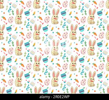 Happy Easter Nahtloses Muster mit niedlichem Kaninchen und Eiern. Vorlage für Druck, Stoff, Verpackung, Tapete, Grußhintergrund. Vektor Stock Vektor