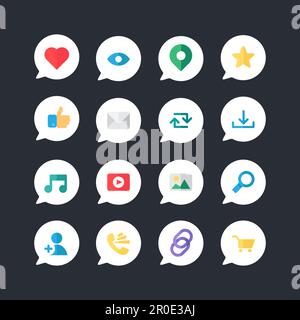 Web-Symbole für Blogs und soziale Netzwerke, Online-Shopping und E-Mail, Videodateien, Bilder und Fotos. Elemente für die Anzahl von Views, Likes und Reposts. Stock Vektor