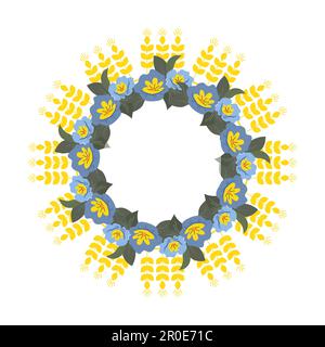 Kranzrahmen aus Dornen und Blumen in Gelb und Blau. Vektordarstellung einer Isolierung. Ukrainische Nationalfarben Stock Vektor