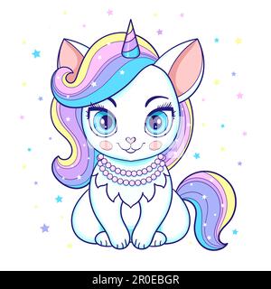 Süßes Cartoon-Katzeneinhorn mit Regenbogenmähne. Feentier. Für das Design von Drucken, Postern, Aufklebern, Karten, Puzzles usw. für Kinder. Vektor Stock Vektor