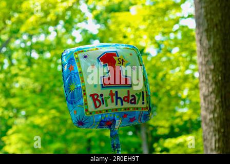 Ein einziger „1. Geburtstag!“ der mit Helium gefüllte mylar-Ballon schwimmt auf der ersten Geburtstagsparty eines Kindes über einem Tisch. Stockfoto