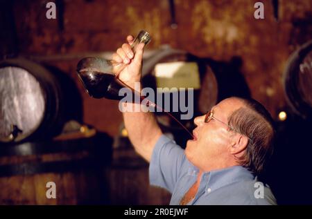 Weinprobe mit einem Porron, einem traditionellen Glaskrug, typisch für Katalonien, Vilafranca del Penedes, Katalonien, Spanien Stockfoto