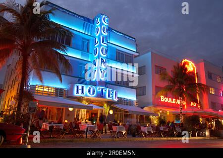 Das beleuchtete Colony Hotel bei Nacht, Ocean Drive, South Beach, Miami, Florida, USA, Amerika Stockfoto