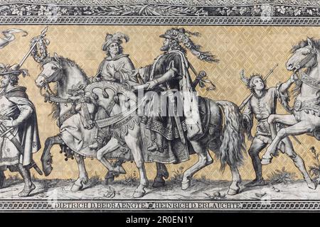 Prinzenprozession, Detail, Figuren Dietrich der Verzweifelte, Henry der berühmte, 13. Jahrhundert, Wandbild auf Fliesen des Meissen Porzellans Stockfoto