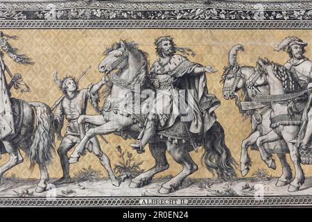 Prinzenprozession, Detail, Gestalt von Albrecht II., 13. Jahrhundert, Wandbild auf Fliesen der Meissen Porzellanfabrik, Dresdner Residenzpalast Stockfoto