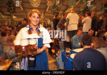 Kellnerin Barbara serviert Bier im Zelt, München, Oktoberfest, Bayern, Deutschland Stockfoto