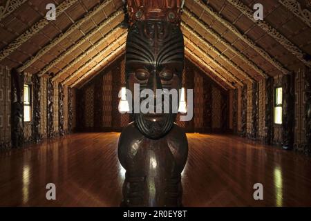 Geschnitzte Figur im offiziellen Versammlungshaus der Maori, Whare Runanga, Waitangi, Nordinsel, Neuseeland, Ozeanien Stockfoto