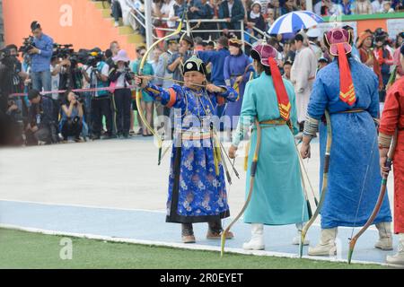 Bogenschießen, Archer, National Naadaam, Ulaanbaatar, Mongolei Stockfoto