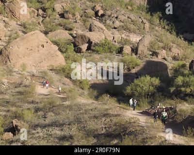 WANDERN AUF DEM WEG, BLICK AUF DIE CAMELBACK MOUNTAINS UND AUSSICHT. SPUR, PHOENIX. ARIZONA, VEREINIGTE STAATEN VON AMERIKA Stockfoto