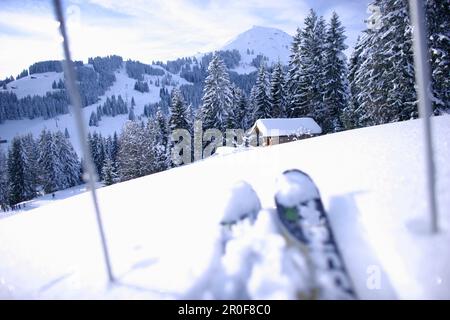 Skier und Skistöcke im Schnee und die hohe Salbe im Hintergrund, Brixen im Thale, Alpen Tirol, Österreich Stockfoto