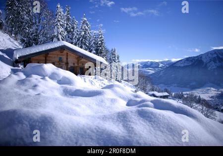 Schneebedeckte Blockhütte, Ferienski-Lodge, Nieding, Brixen im Thale, Alpen, Tirol, Österreich Stockfoto