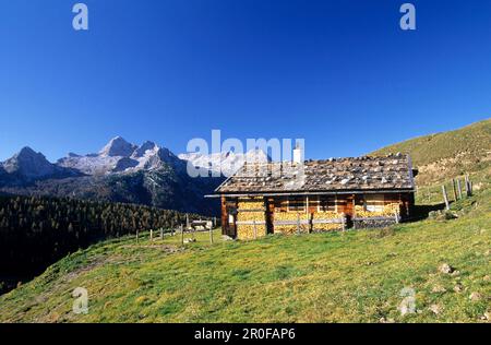 Traditionelle alpine Hütte mit Kieseldach vor Leoganger Steinberge und Birnhorn, Kallbrunnalm, Berchtesgaden Range, Salzburg, Österreich Stockfoto