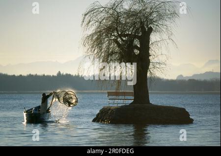 Ein Fischer auf einem Boot im Chiemsee, Bayern, Deutschland, Europa Stockfoto