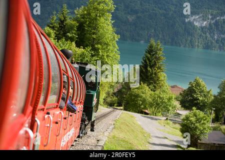 Brienz Rothorn Railway, die älteste Zahnradbahn der Schweiz, die Brienz, Brienzersee im Hintergrund, Berner Oberland, Kanton Bern, Switzer verlässt Stockfoto