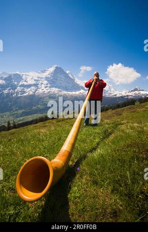 Ein Mann spielt ein Alphorn in Bussalp 1800 m, Grindelwald, Berner Oberland, Kanton Bern, Schweiz Stockfoto