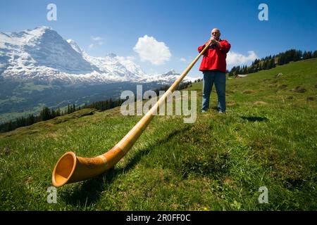 Ein Mann spielt ein Alphorn in Bussalp 1800 m, Grindelwald, Berner Oberland, Kanton Bern, Schweiz Stockfoto