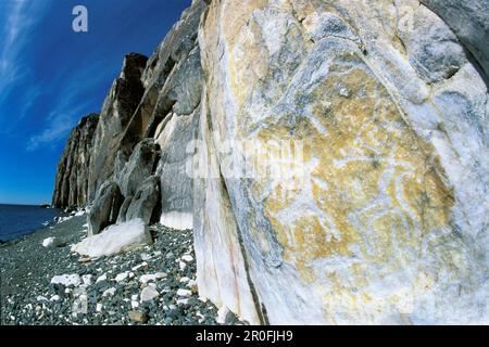 Felszeichnungen mit Hirschen in der Nähe von Saganzaba, Weißen Felsen, Baikal-See, Sibirien, Russland Stockfoto