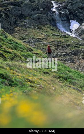 Wanderer in der Mine Valle delle, Wasserfall im Hintergrund, Livigno, Lombardei, Italien Stockfoto