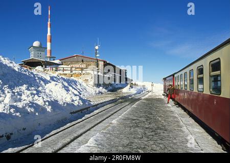 Brockenbahn am Bahnhof Brocken-Gipfel, Schierke, Harz-Gebirge, Sachsen-Anhalt, Deutschland Stockfoto