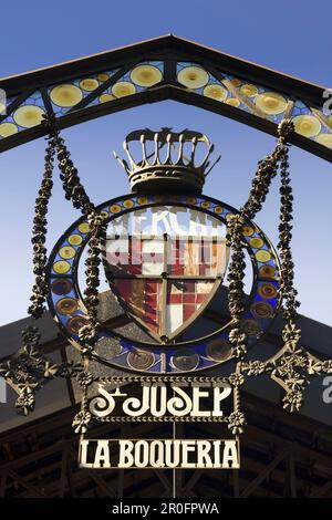 Barcelona, Ramblas, Mercat de Sant Josep, La Boqueria Markt, Eingangsschild Stockfoto
