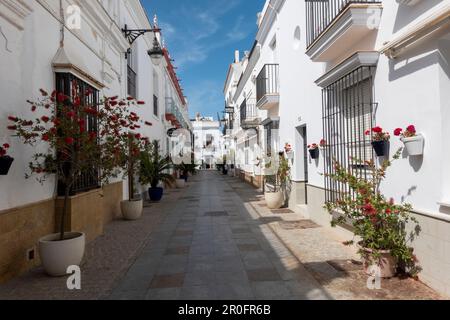 Chipiona, Cadiz, Spanien - 19. April 2023: Schöne Straße mit Blumentöpfen in Chipiona, Andalusien, Südspanien. Stockfoto